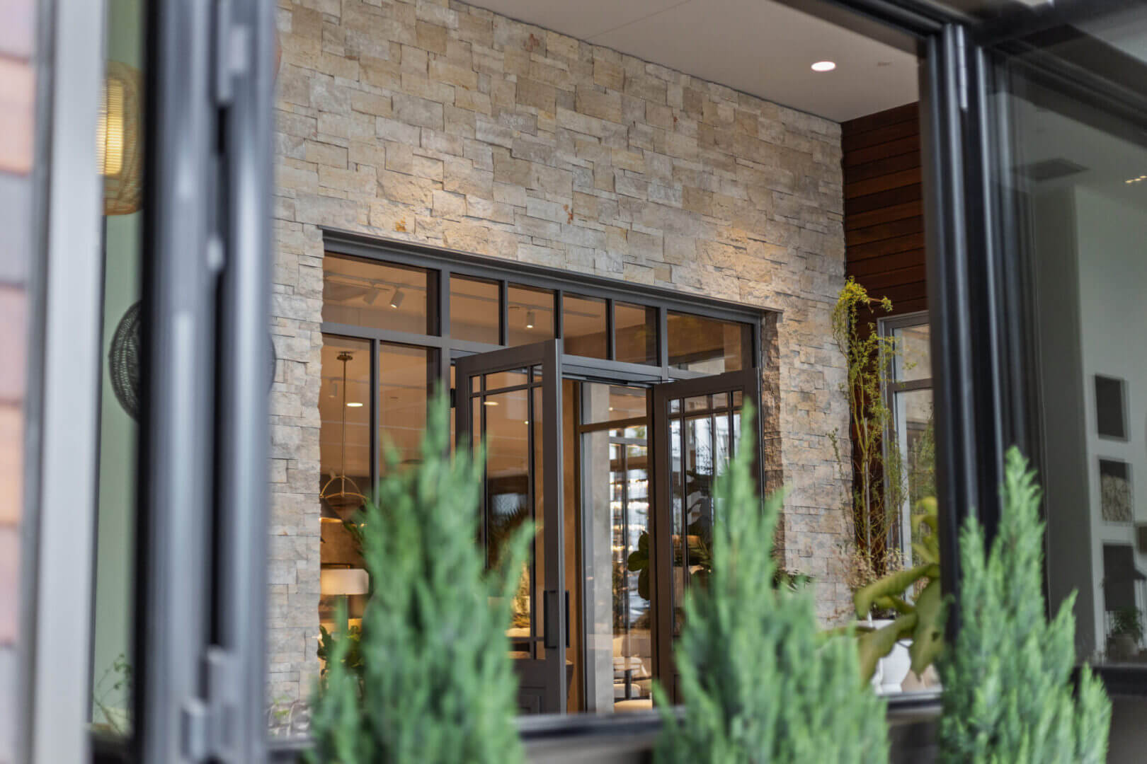 Modern building entrance with glass doors.
