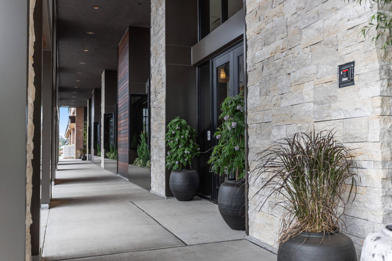 Modern building entrance with potted plants outside.