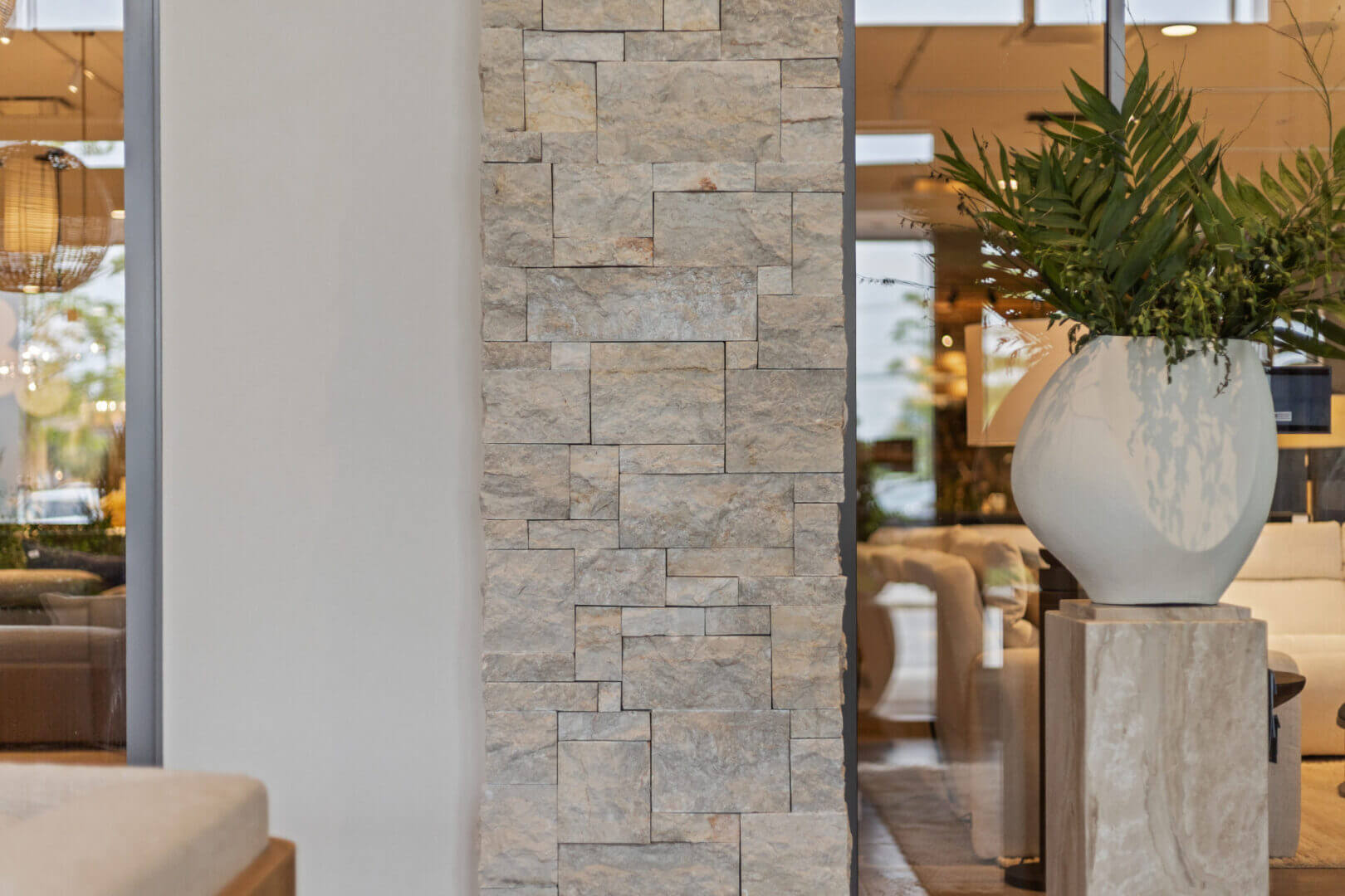 Stone wall with plant in modern interior.